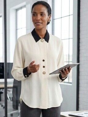 Steilmann Ivory Vintage Button-Down Blouse Contrast Black Collar Size 14